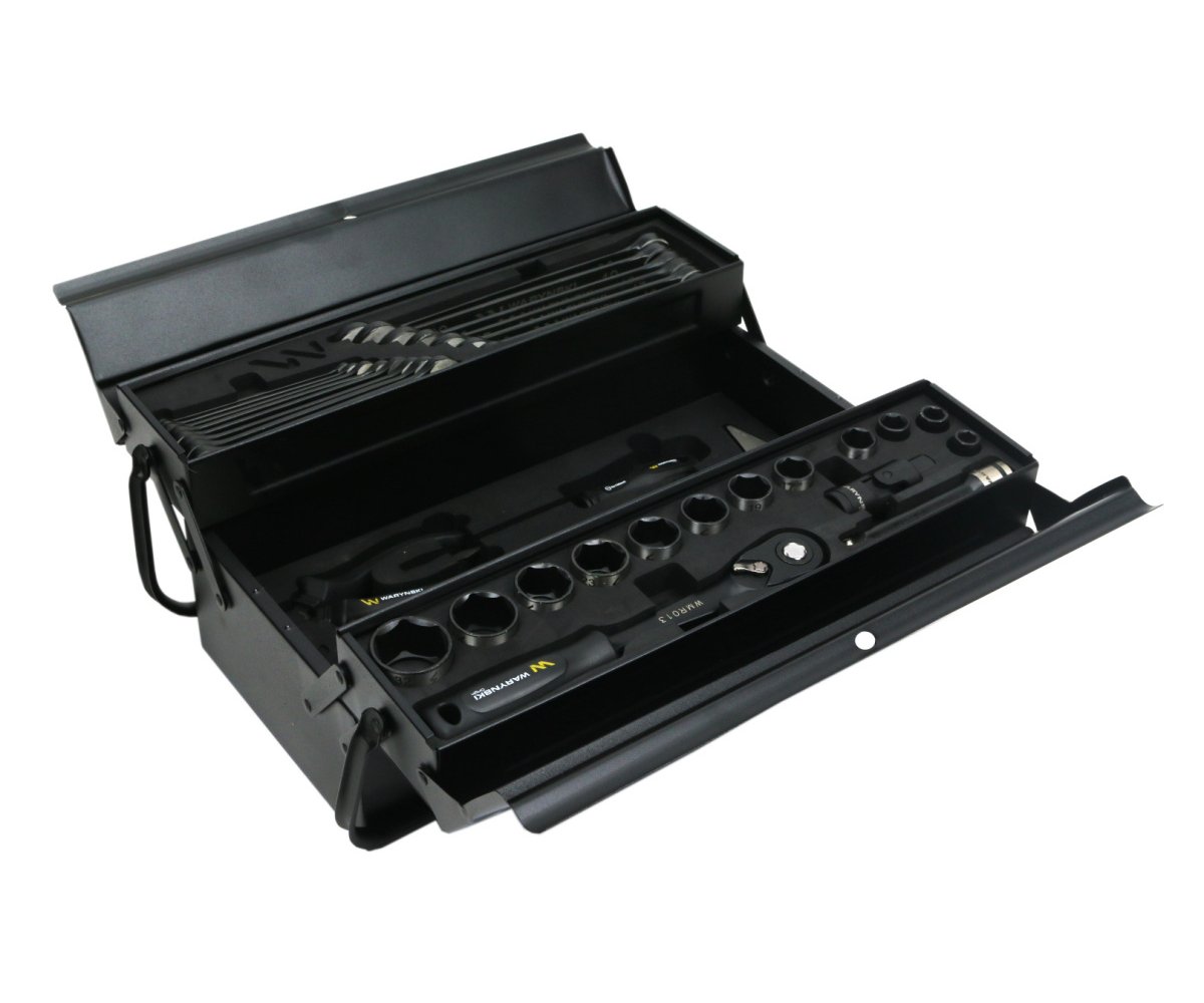 Zestaw narzędzi nasadek i kluczy w metalowej skrzynce Waryński