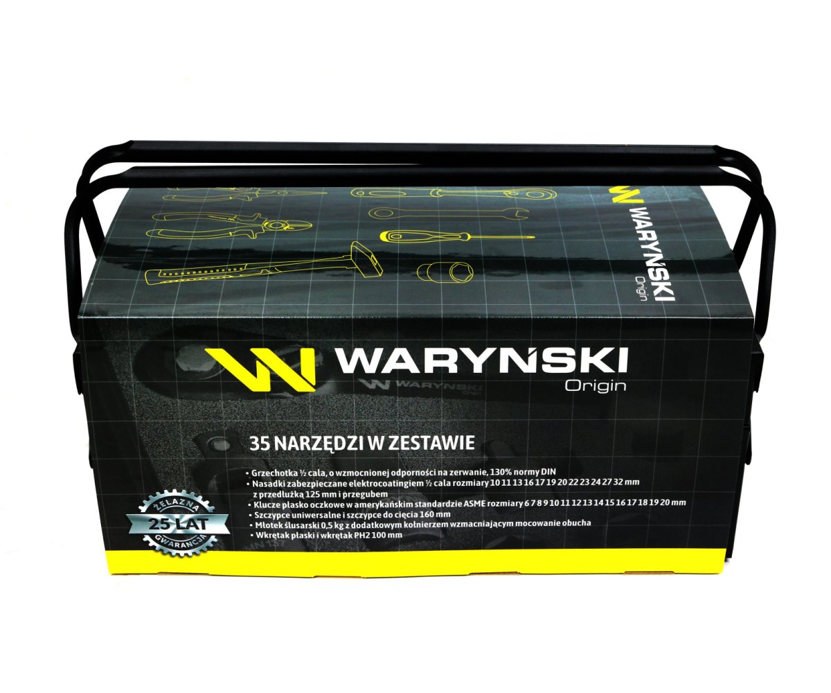 Zestaw narzędzi nasadek i kluczy w metalowej skrzynce Waryński