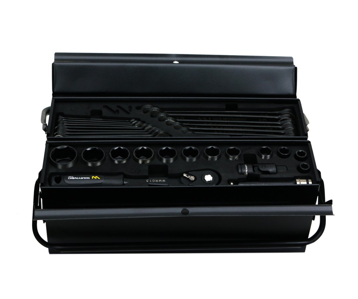 Zestaw narzędzi nasadek i kluczy w metalowej skrzynce Waryński