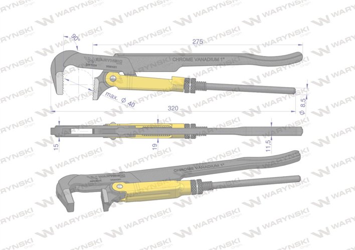 Szczypce nastawne 1" szwedzkie do rur szczęki typ 90° o rozstawie max 40mm długość 320mm Waryński