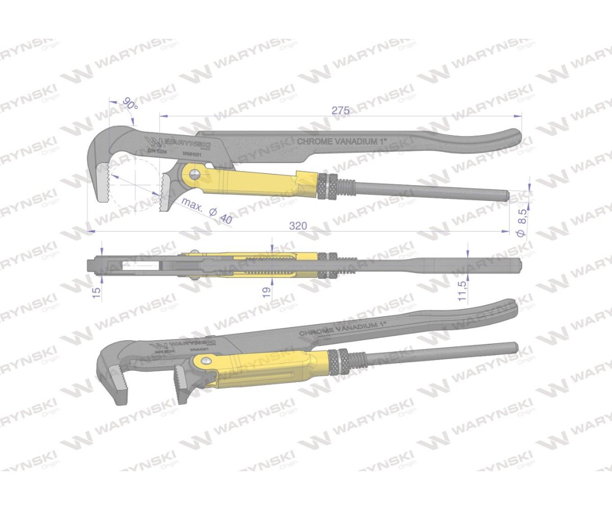 Szczypce nastawne 1" szwedzkie do rur szczęki typ 90° o rozstawie max 40mm długość 320mm Waryński