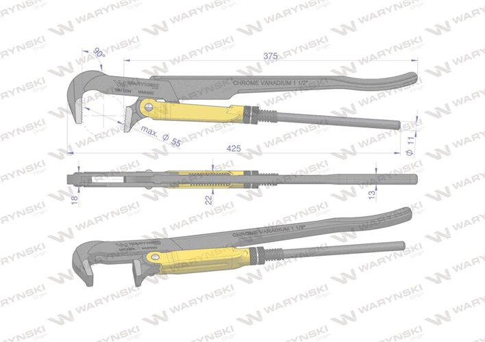 Szczypce nastawne szwedzkie do rur szczęki typ 90° o rozstawie max 55mm 1.5" długość 425mm Waryński