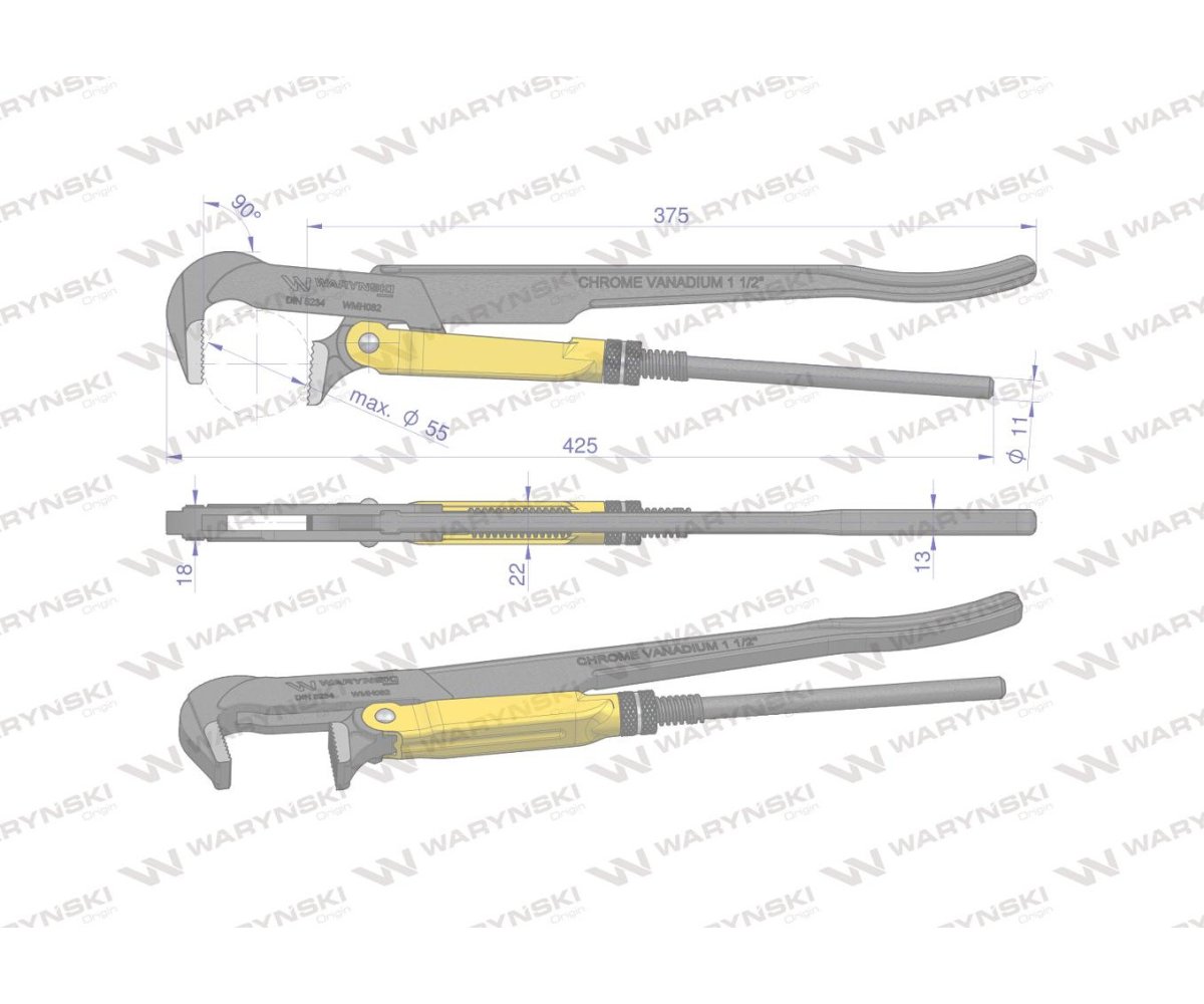 Szczypce nastawne szwedzkie do rur szczęki typ 90° o rozstawie max 55mm 1.5" długość 425mm Waryński