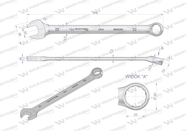 Klucz płaskooczkowy extra długi 22mm dł 319mm standard ASME B107.9M Waryński