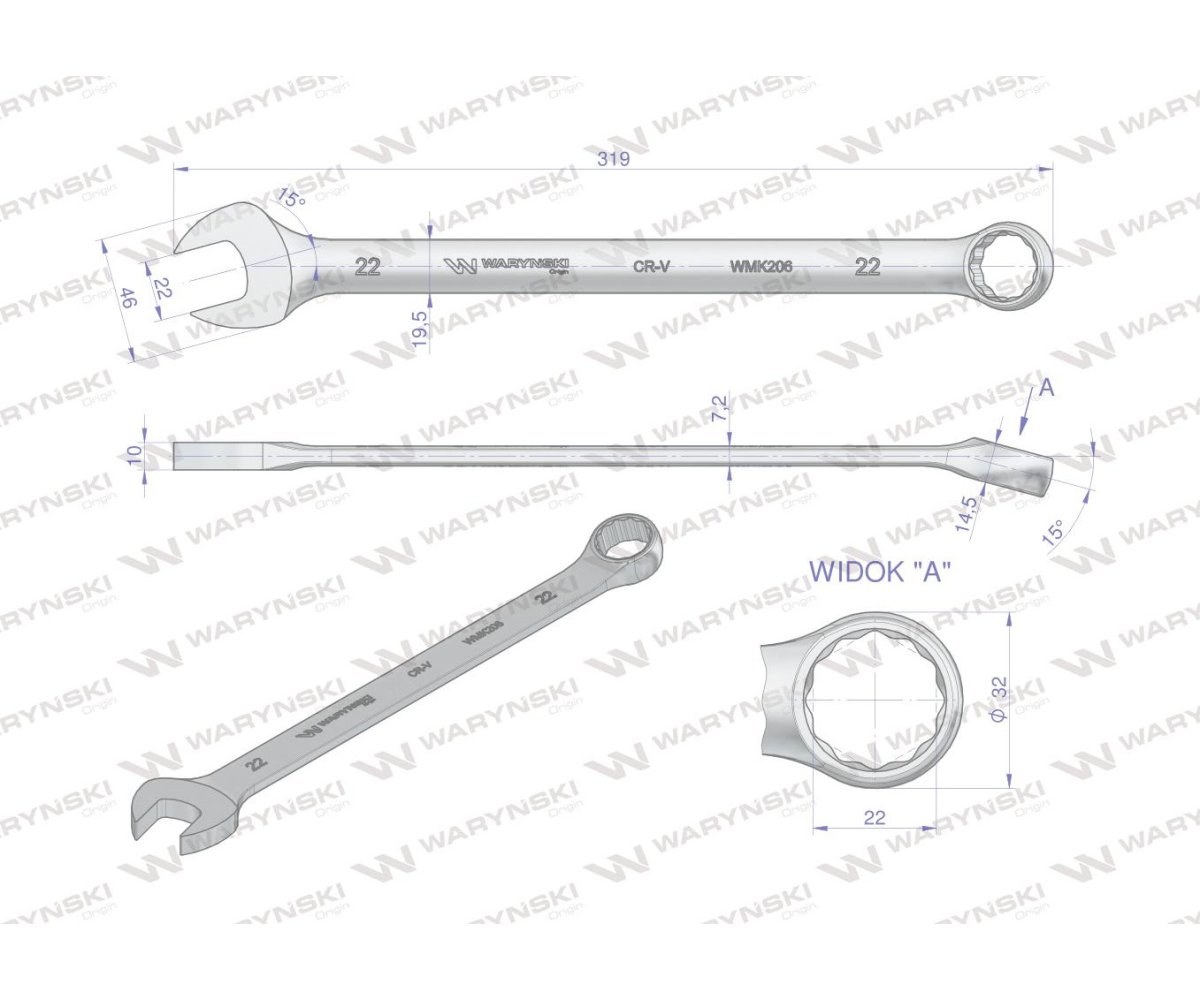 Klucz płaskooczkowy extra długi 22mm dł 319mm standard ASME B107.9M Waryński