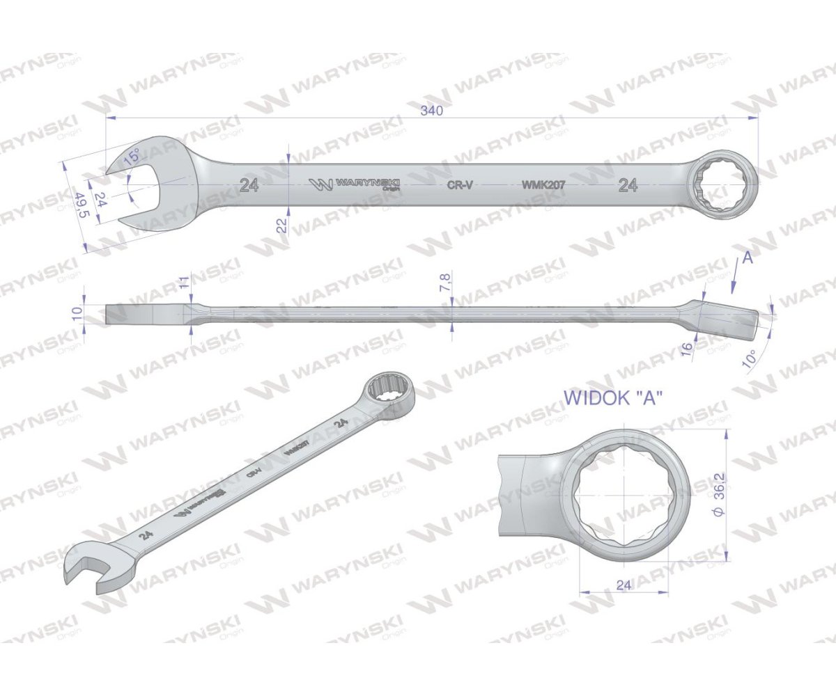Klucz płaskooczkowy extra długi 24mm dł 339mm standard ASME B107.9M Waryński