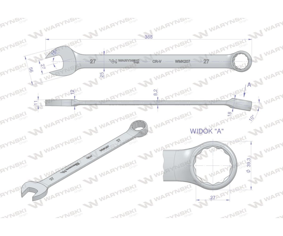 Klucz płaskooczkowy extra długi 27mm dł 388mm standard ASME B107.9M Waryński