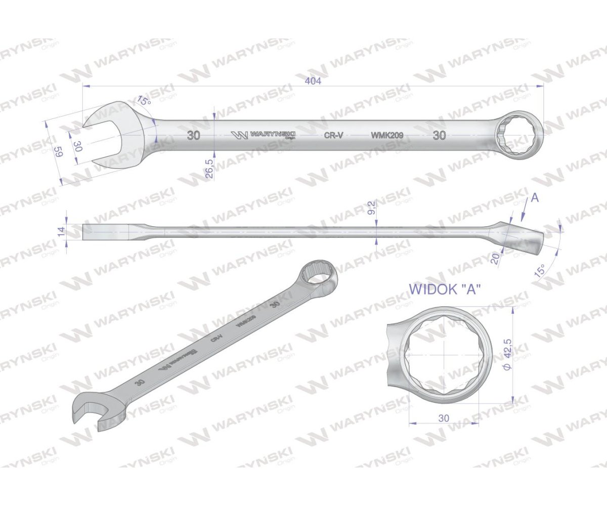 Klucz płaskooczkowy extra długi 30mm dł 404mm standard ASME B107.9M Waryński