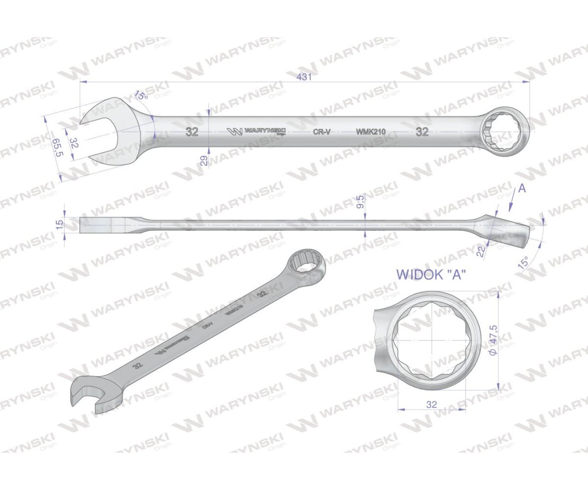 Klucz płaskooczkowy extra długi 32mm dł 431mm standard ASME B107.9M Waryński
