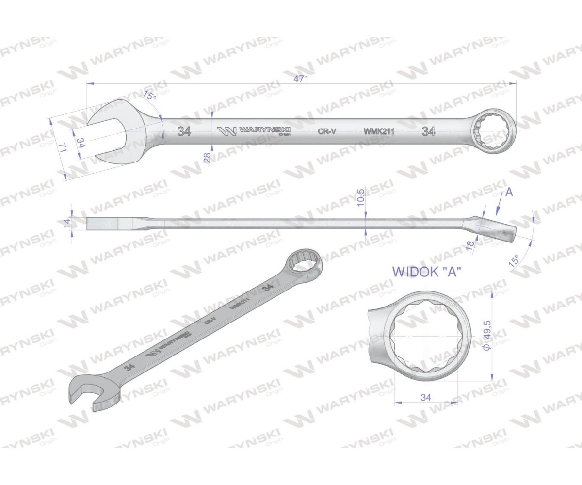 Klucz płaskooczkowy extra długi 34mm dł 471mm standard ASME B107.9M Waryński