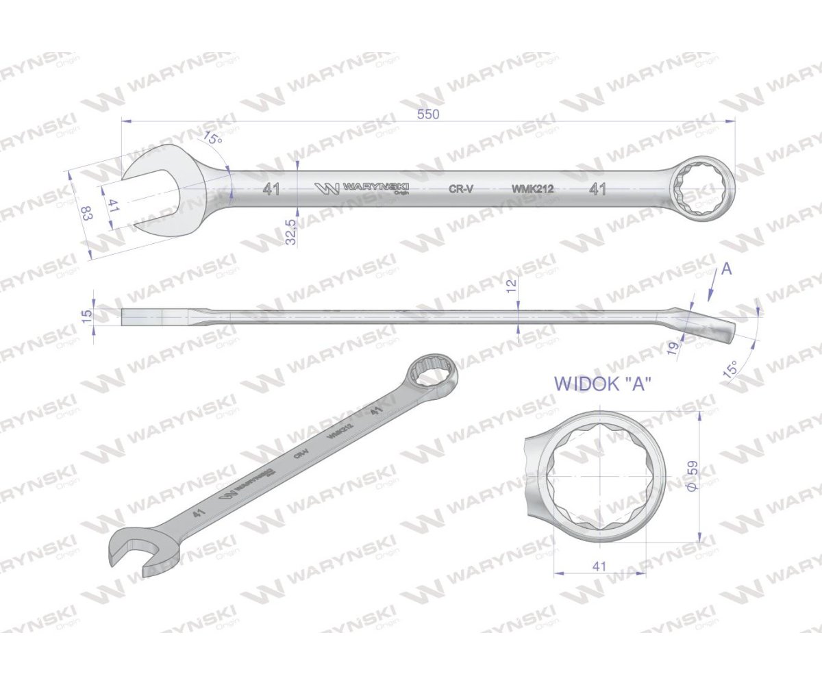 Klucz płaskooczkowy extra długi 41mm dł 550mm standard ASME B107.9M Waryński