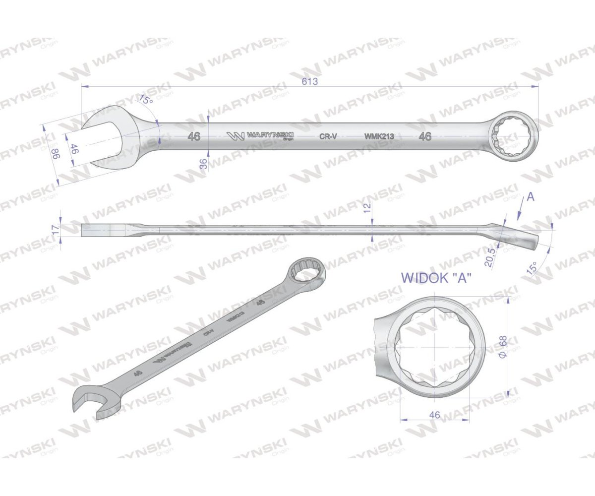 Klucz płaskooczkowy extra długi 46mm dł 613mm standard ASME B107.9M Waryński