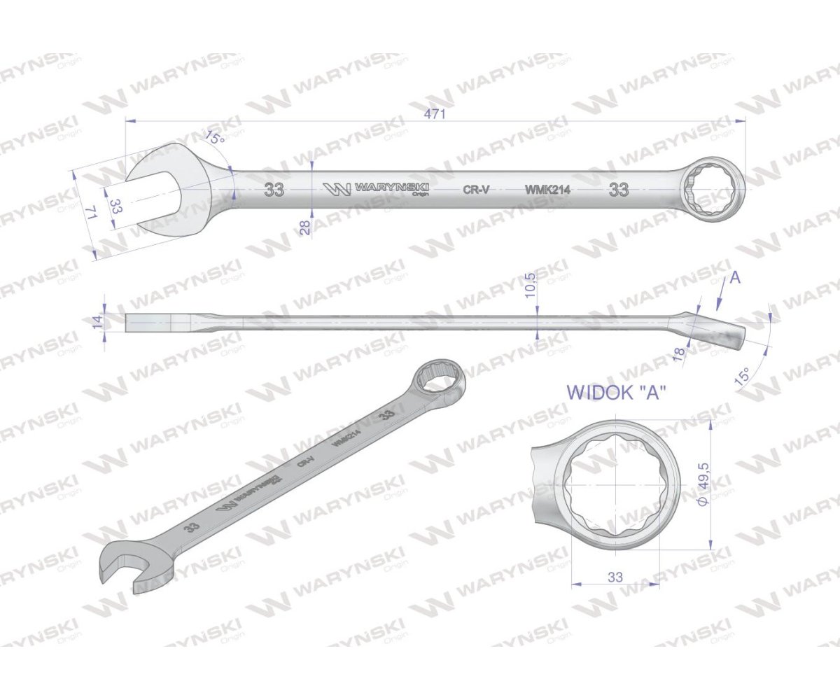 Klucz płaskooczkowy extra długi 33mm dł 471mm standard ASME B107.9M Waryński