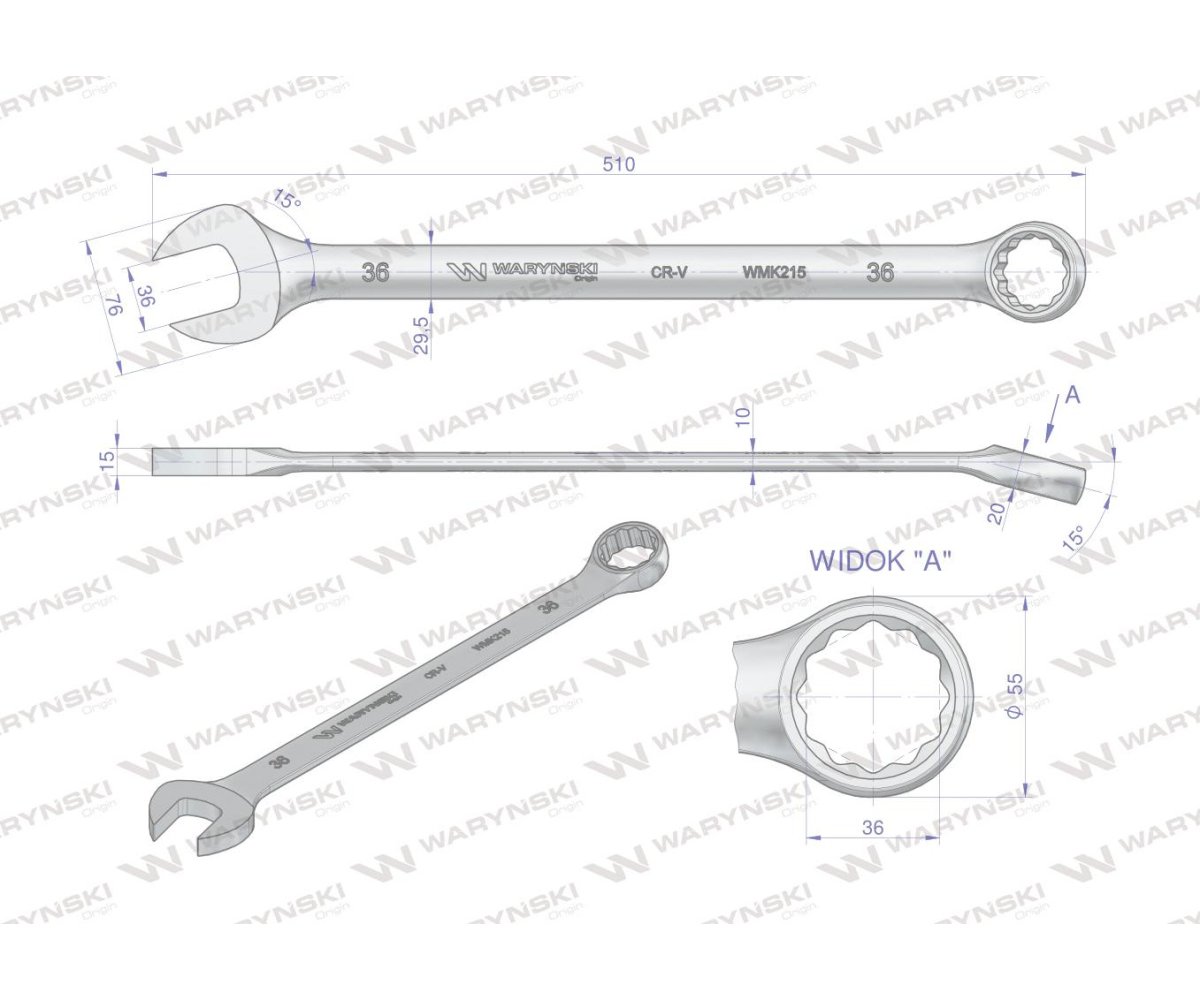 Klucz płaskooczkowy extra długi 36mm dł 510mm standard ASME B107.9M Waryński