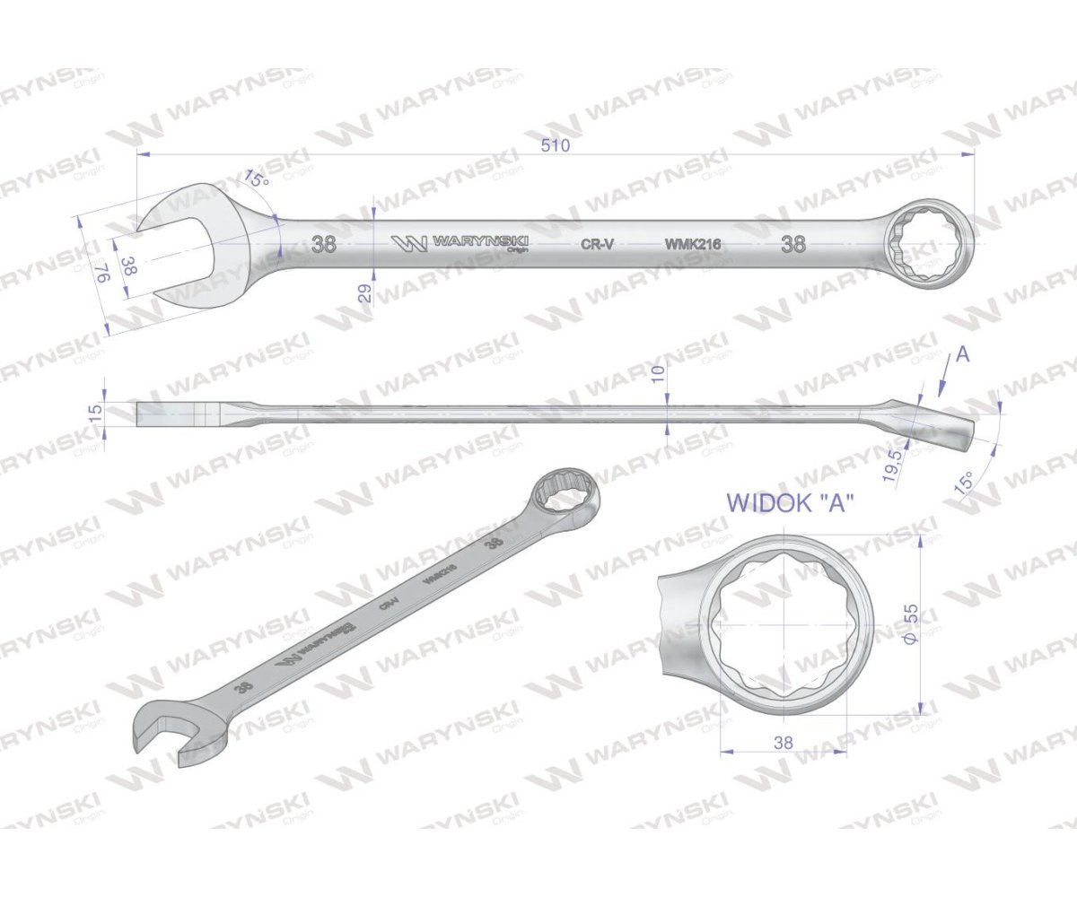 Klucz płaskooczkowy extra długi 38mm dł 510mm standard ASME B107.9M Waryński