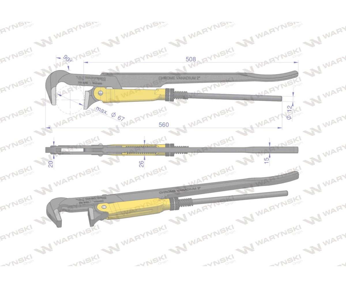 Szczypce nastawne szwedzkie do rur szczęki typ 90° o rozstawie max 67mm 2" długość 560mm Waryński