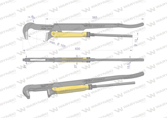 Szczypce nastawne szwedzkie do rur szczęki typ 90° o rozstawie max 103mm 3" długość 630mm Waryński