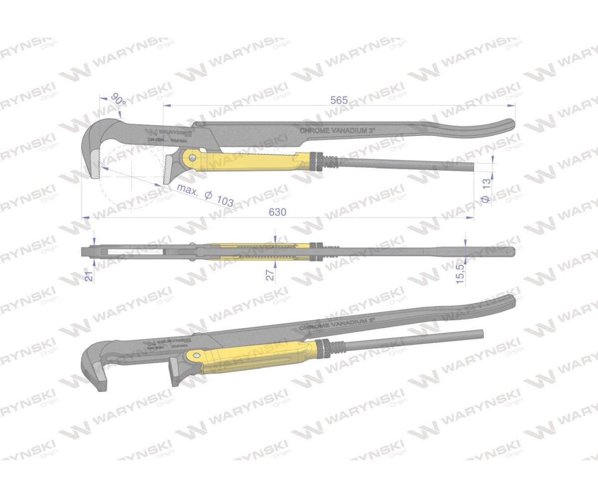 Szczypce nastawne szwedzkie do rur szczęki typ 90° o rozstawie max 103mm 3" długość 630mm Waryński
