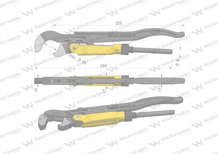 Szczypce nastawne szwedzkie do rur szczęki typ S o rozstawie max 25mm długość 235mm Waryński