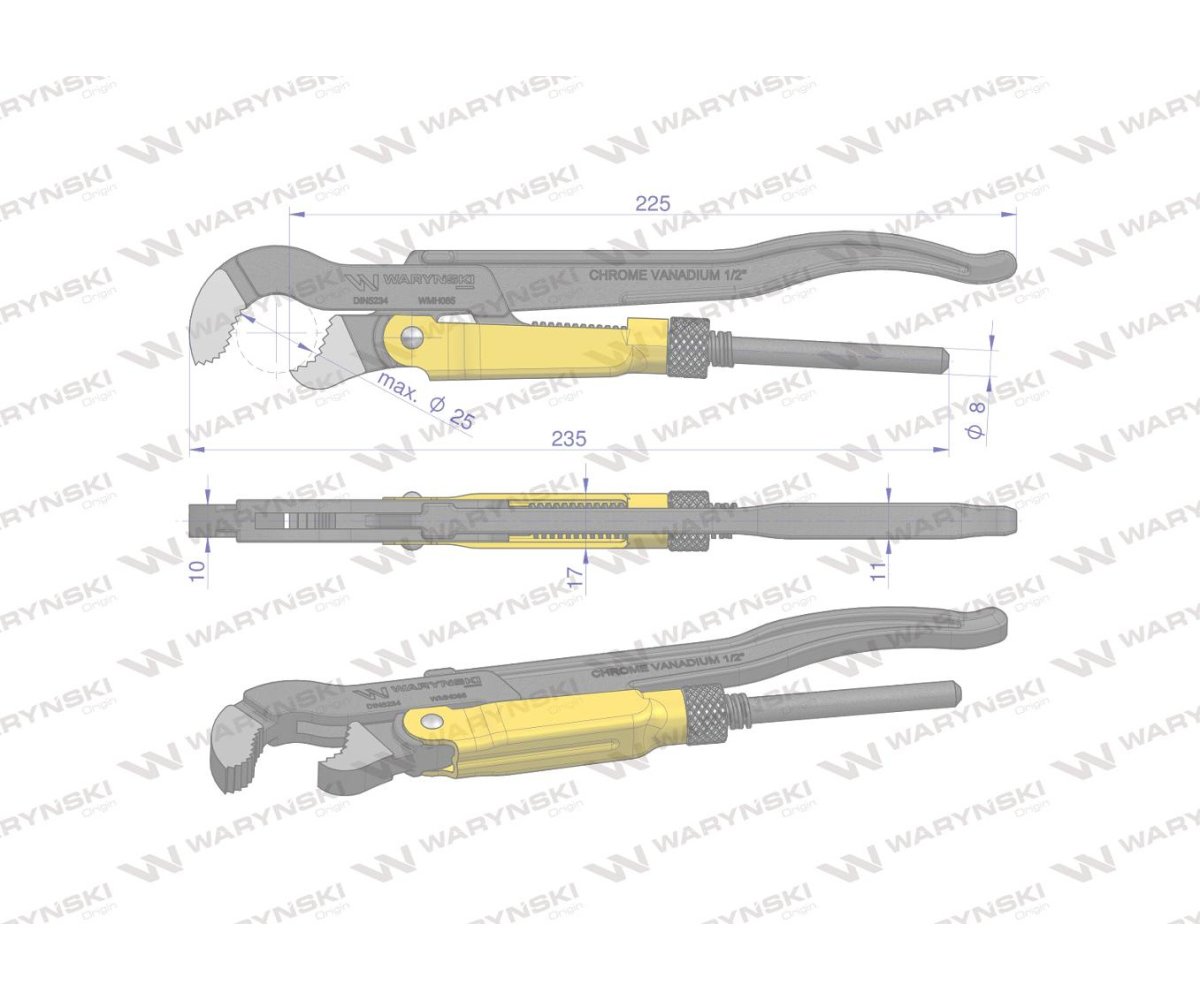 Szczypce nastawne szwedzkie do rur szczęki typ S o rozstawie max 25mm długość 235mm Waryński