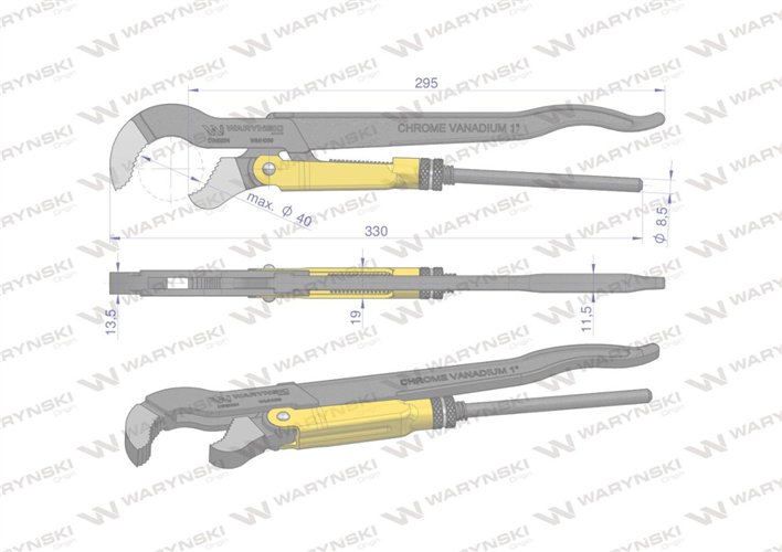 Szczypce nastawne szwedzkie do rur szczęki typ S o rozstawie max 40mm długość 330mm Waryński