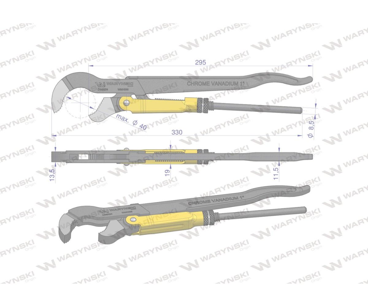 Szczypce nastawne szwedzkie do rur szczęki typ S o rozstawie max 40mm długość 330mm Waryński