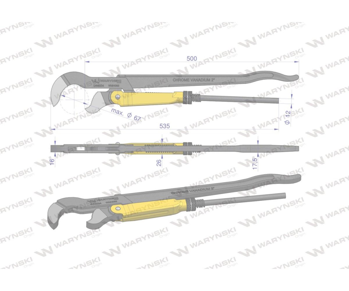 Szczypce nastawne szwedzkie do rur szczęki typ S o rozstawie max 67mm długość 535mm Waryński