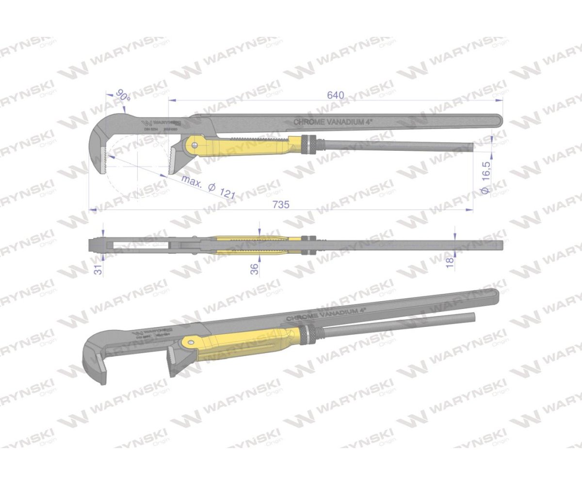 Szczypce nastawne szwedzkie do rur szczęki typ 90° o rozstawie max 121mm długość 735mm Waryński