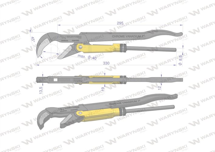 Szczypce nastawne szwedzkie do rur szczęki typ 45° o rozstawie max 40mm długość 330mm Waryński