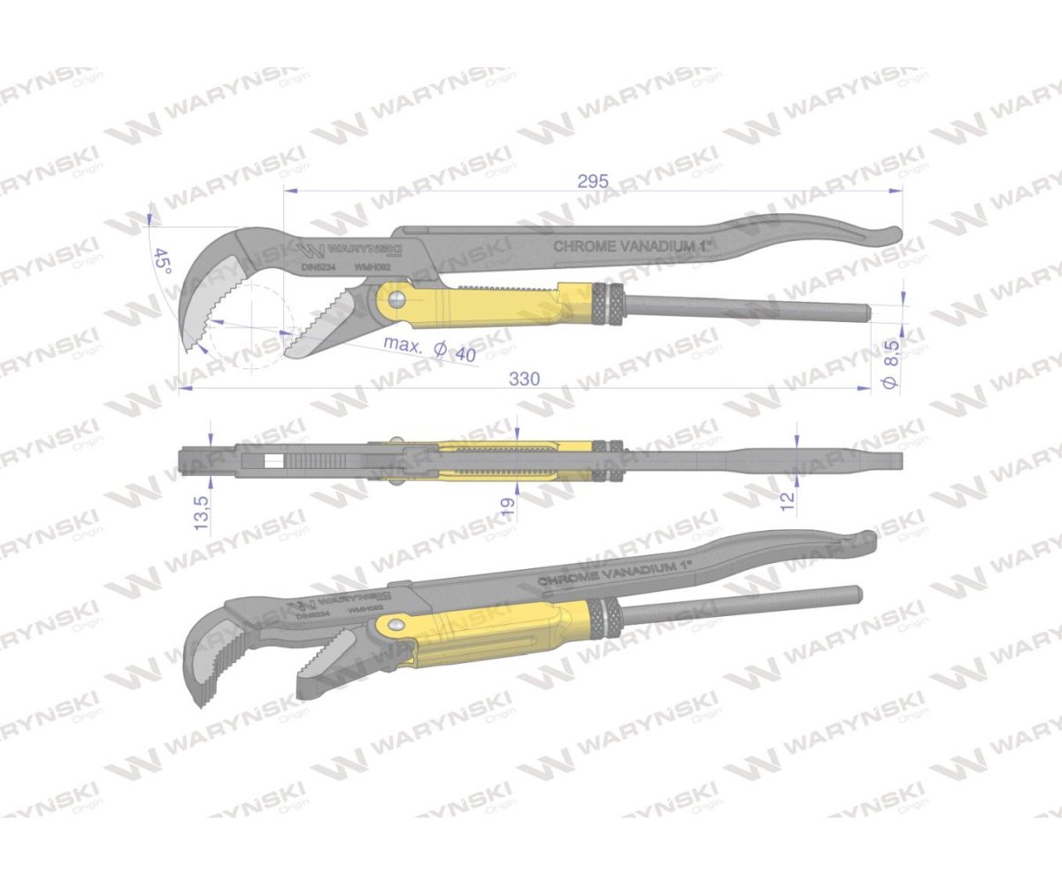 Szczypce nastawne szwedzkie do rur szczęki typ 45° o rozstawie max 40mm długość 330mm Waryński