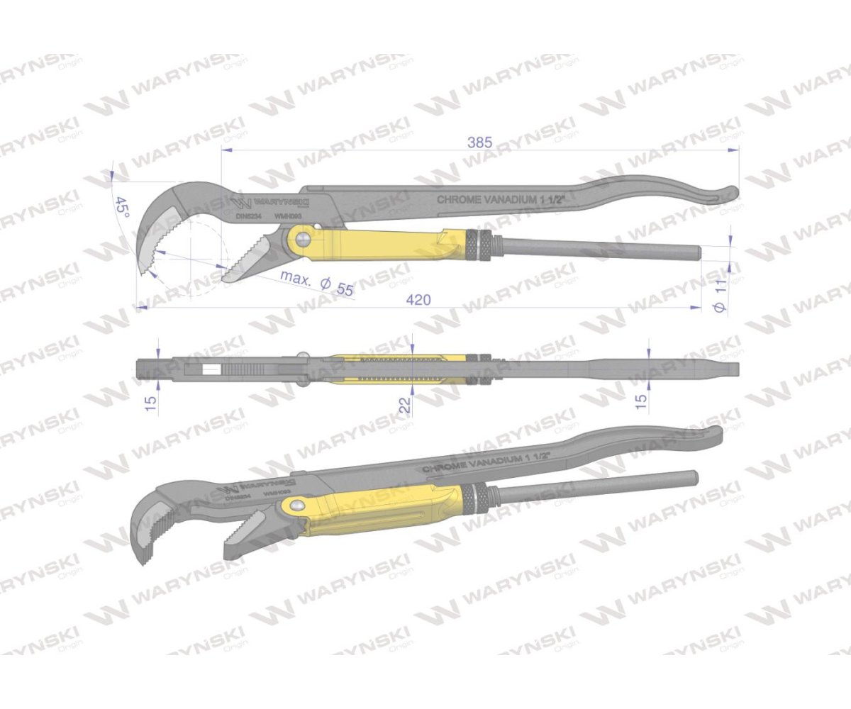 Szczypce nastawne szwedzkie do rur szczęki typ 45° o rozstawie max 55mm długość 420mm Waryński