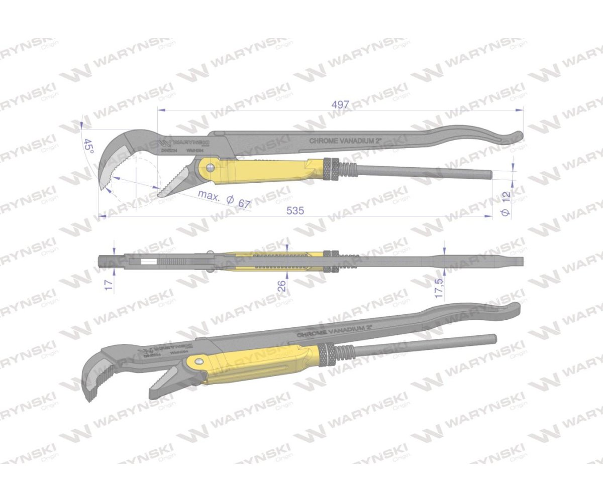 Szczypce nastawne szwedzkie do rur szczęki typ 45° o rozstawie max 67mm długośc 535mm Waryński