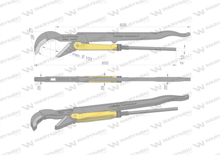 Szczypce nastawne szwedzkie do rur szczęki typ 45° o rozstawie max 103mm długość 652mm Waryński