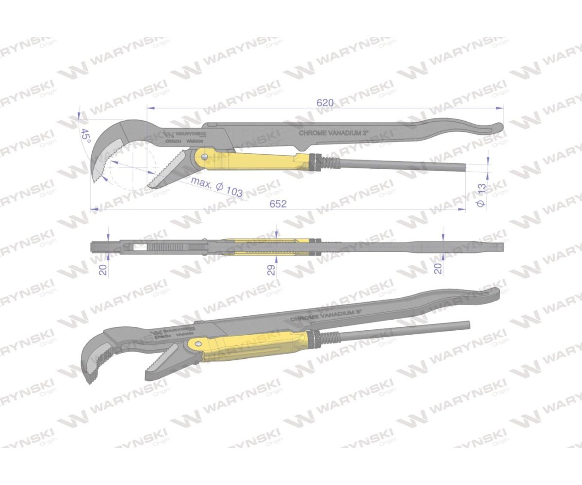 Szczypce nastawne szwedzkie do rur szczęki typ 45° o rozstawie max 103mm długość 652mm Waryński