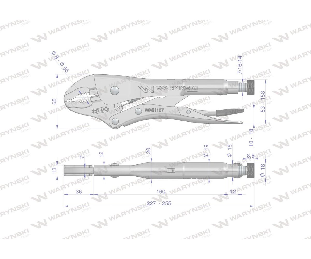 Szczypce zaciskowe (Morsa) ze stali CrMo 10" wygięte szczęki Waryński