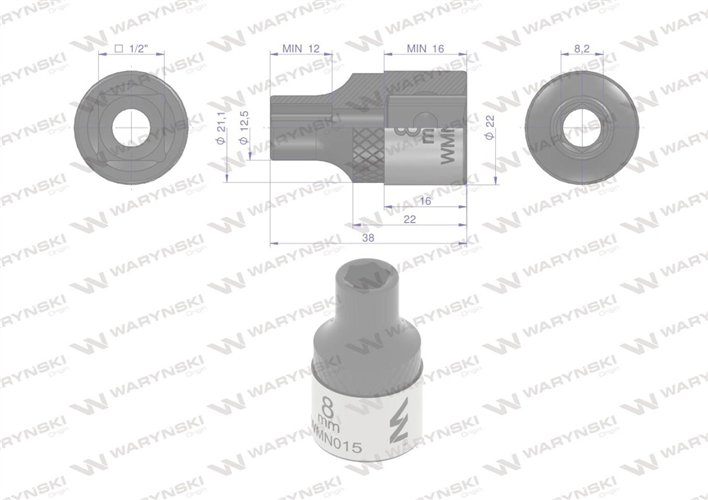 Nasadka sześciokątna 1/2". 8 mm. CrV50BV30. DIN 3124. Waryński