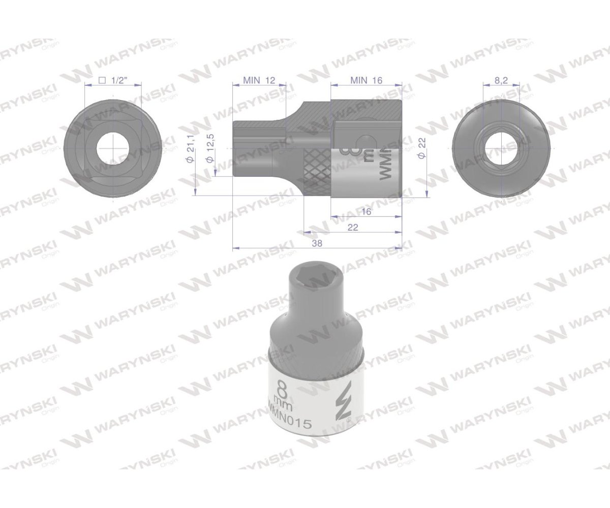 Nasadka sześciokątna 1/2". 8 mm. CrV50BV30. DIN 3124. Waryński