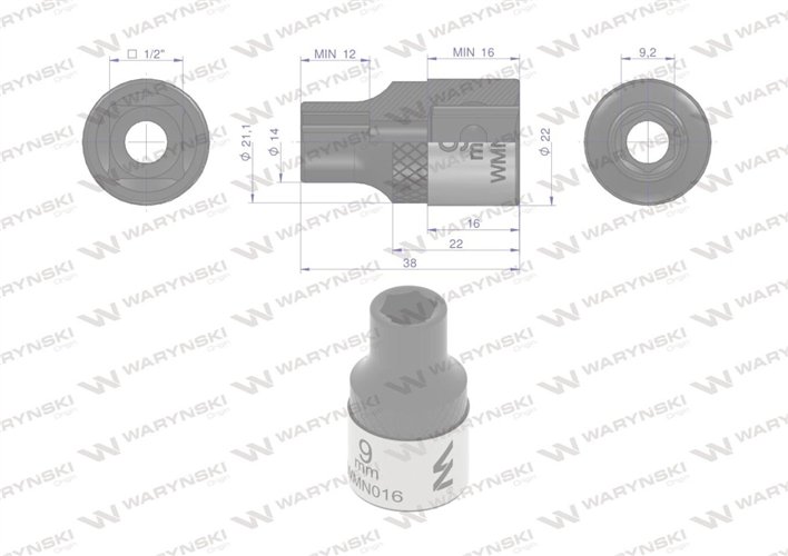 Nasadka sześciokątna 1/2". 9 mm. CrV50BV30. DIN 3124. Waryński