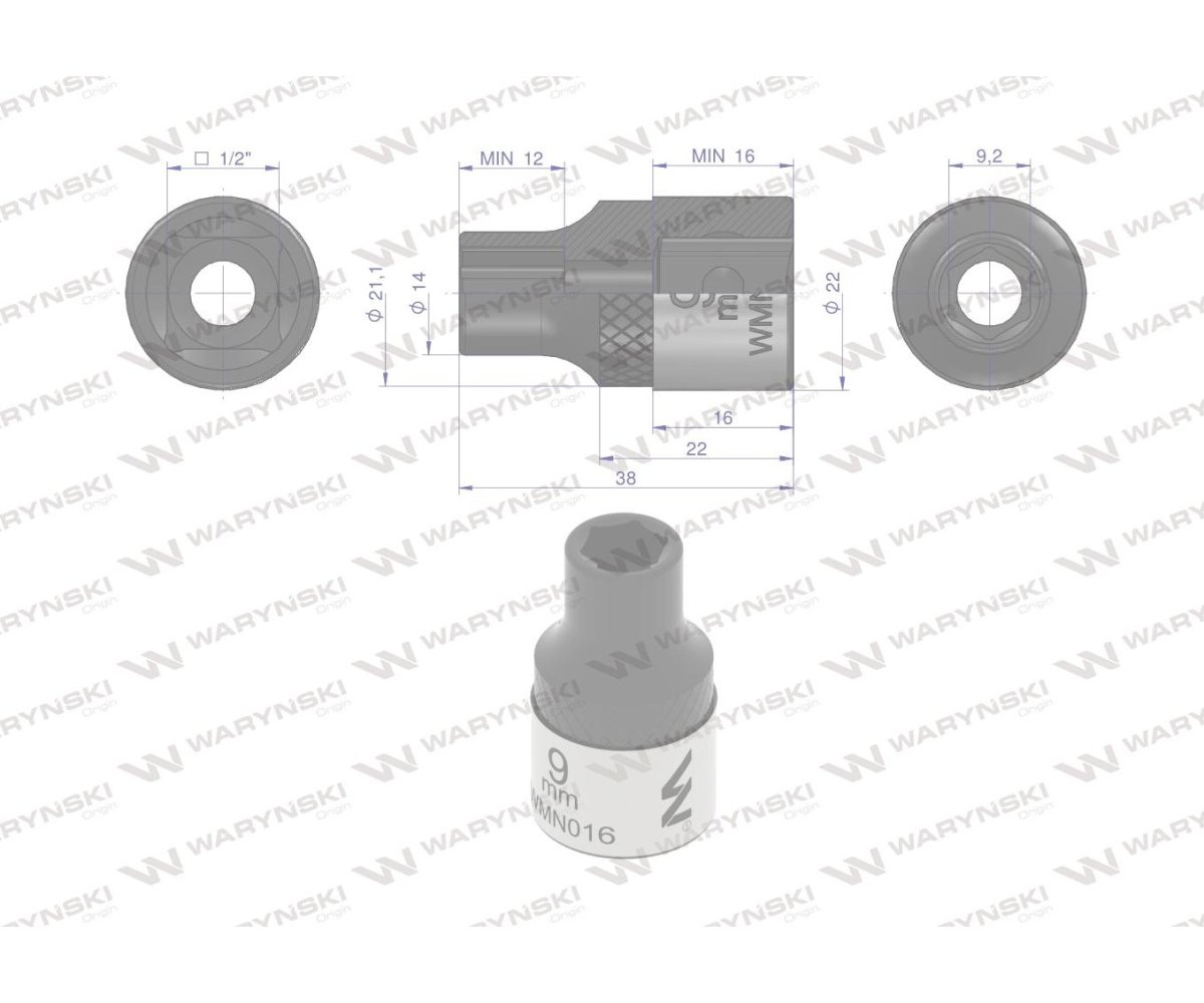 Nasadka sześciokątna 1/2". 9 mm. CrV50BV30. DIN 3124. Waryński