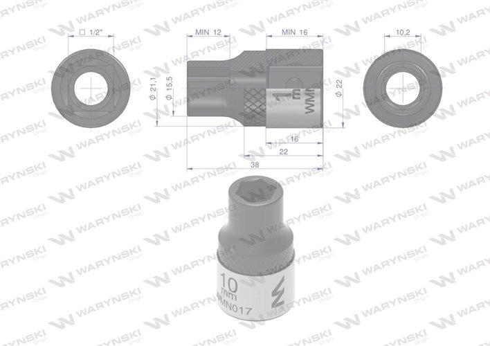 Nasadka sześciokątna 1/2". 10 mm. CrV50BV30. DIN 3124. Waryński