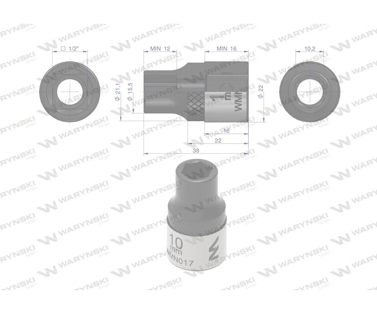 Nasadka sześciokątna 1/2". 10 mm. CrV50BV30. DIN 3124. Waryński