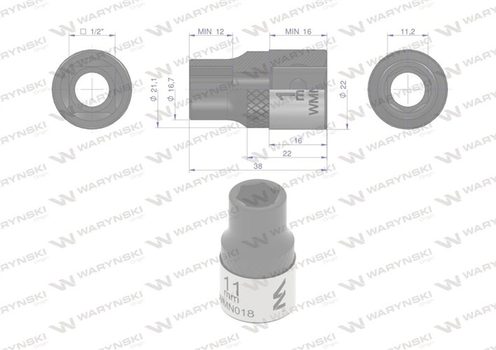 Nasadka sześciokątna 1/2". 11 mm. CrV50BV30. DIN 3124. Waryński