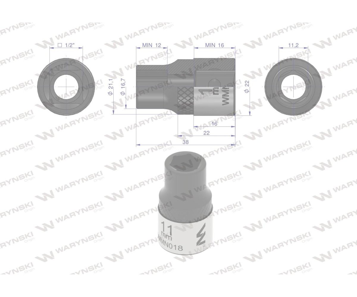 Nasadka sześciokątna 1/2". 11 mm. CrV50BV30. DIN 3124. Waryński