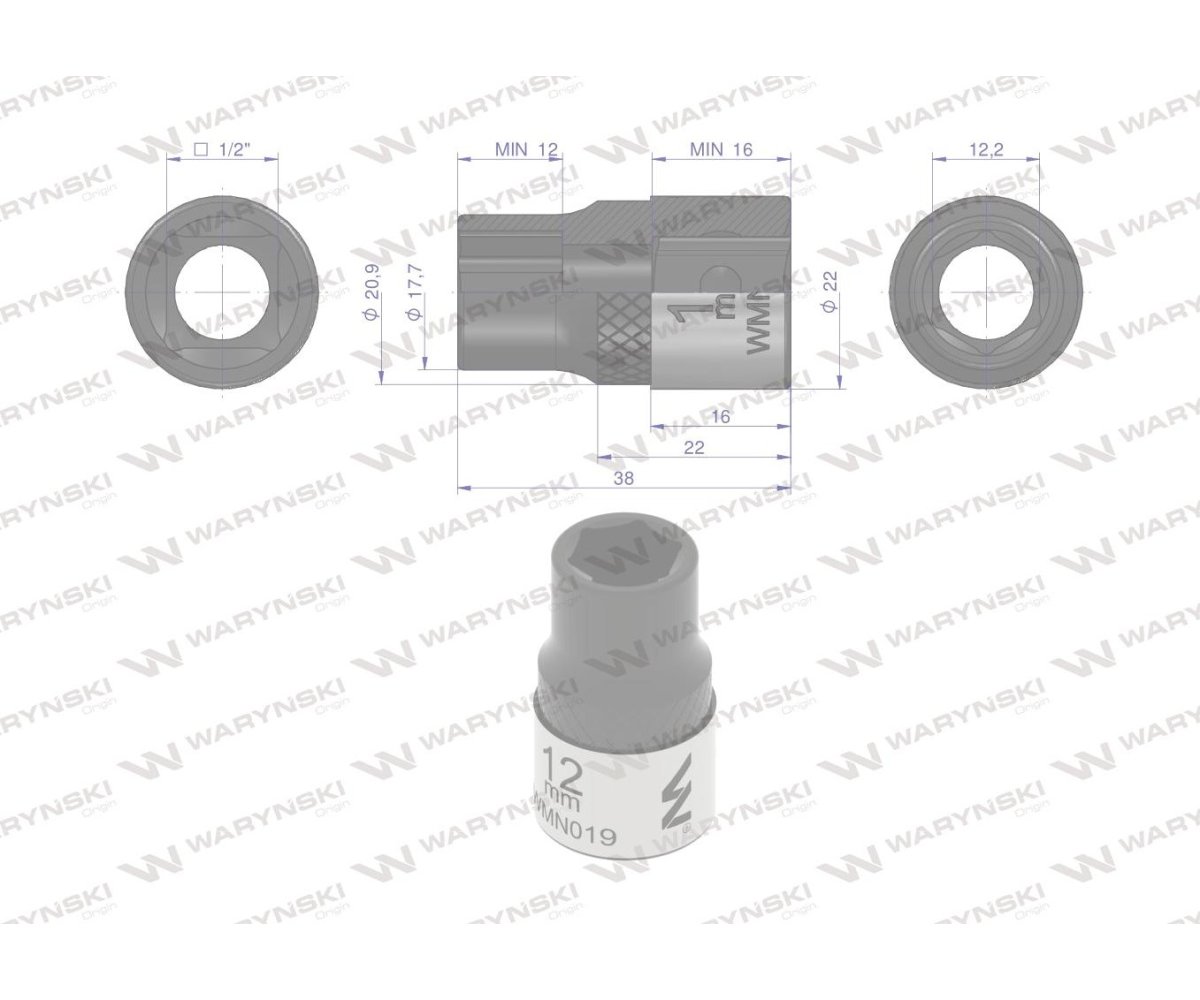 Nasadka sześciokątna 1/2". 12 mm. CrV50BV30. DIN 3124. Waryński