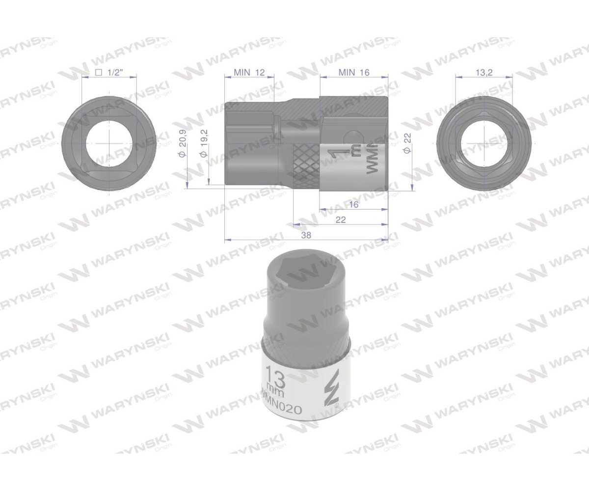 Nasadka sześciokątna 1/2". 13 mm. CrV50BV30. DIN 3124. Waryński