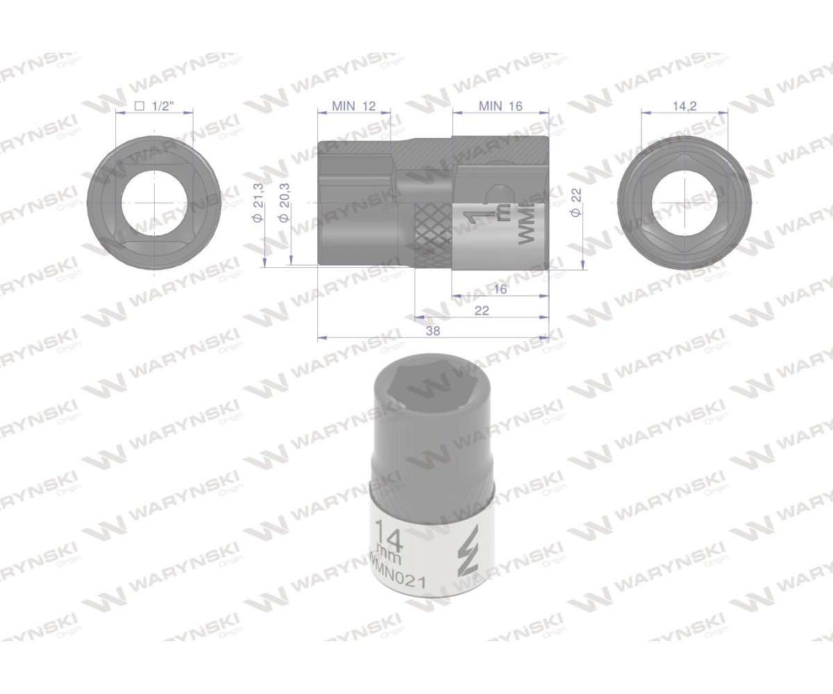 Nasadka sześciokątna 1/2". 14 mm. CrV50BV30. DIN 3124. Waryński