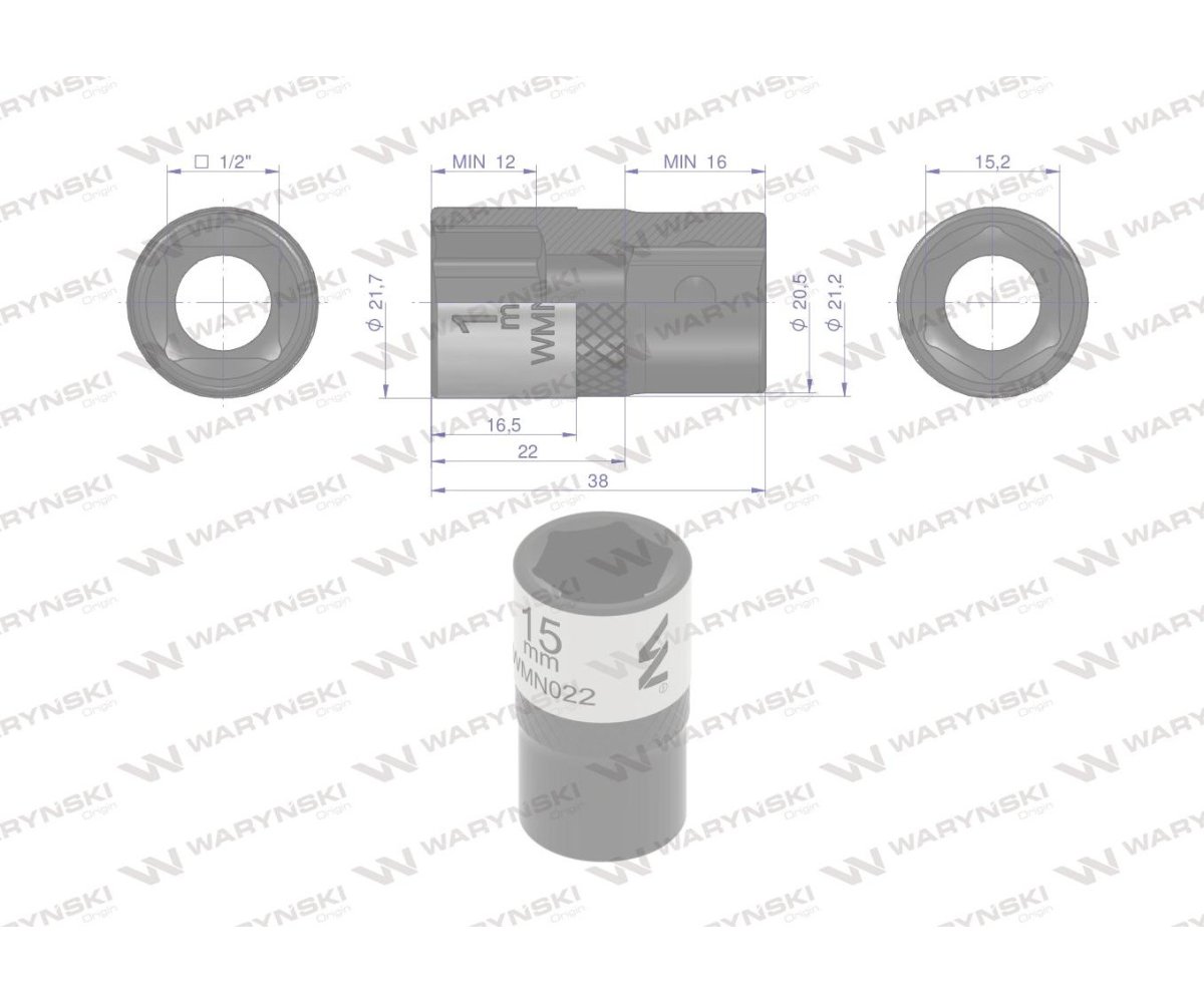 Nasadka sześciokątna 1/2". 15 mm. CrV50BV30. DIN 3124. Waryński
