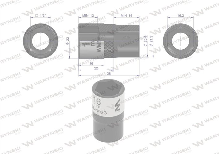 Nasadka sześciokątna 1/2". 16 mm. CrV50BV30. DIN 3124. Waryński