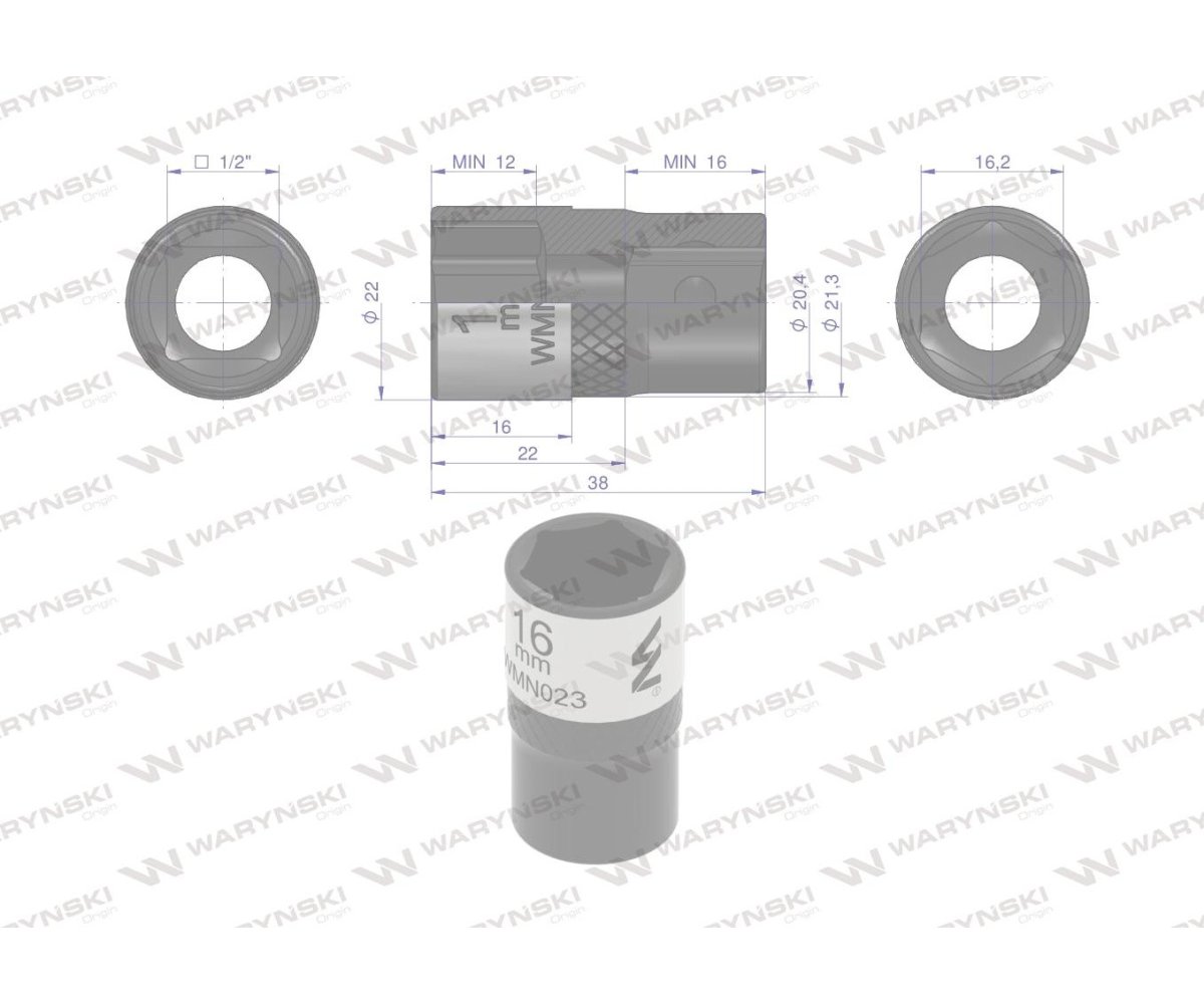 Nasadka sześciokątna 1/2". 16 mm. CrV50BV30. DIN 3124. Waryński