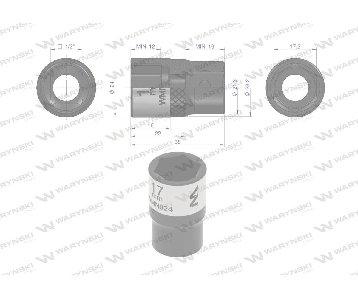 Nasadka sześciokątna 1/2". 17 mm. CrV50BV30. DIN 3124. Waryński